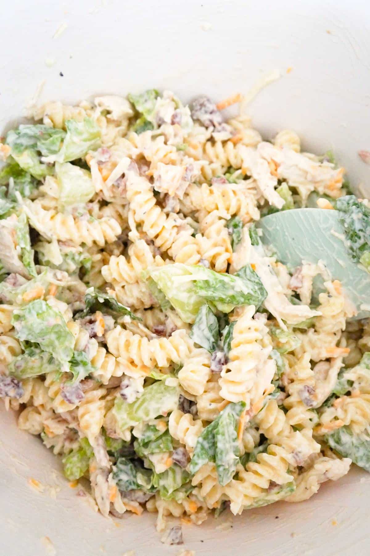 chicken caesar pasta salad mixture in a mixing bowl