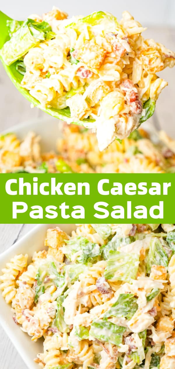 Chicken Caesar Pasta Salad is a tasty cold side dish recipe loaded with chopped romaine, shredded chicken, crumbled bacon, croutons, shredded mozzarella, cheddar and Parmesan cheese all tossed in a creamy garlic Parmesan dressing.