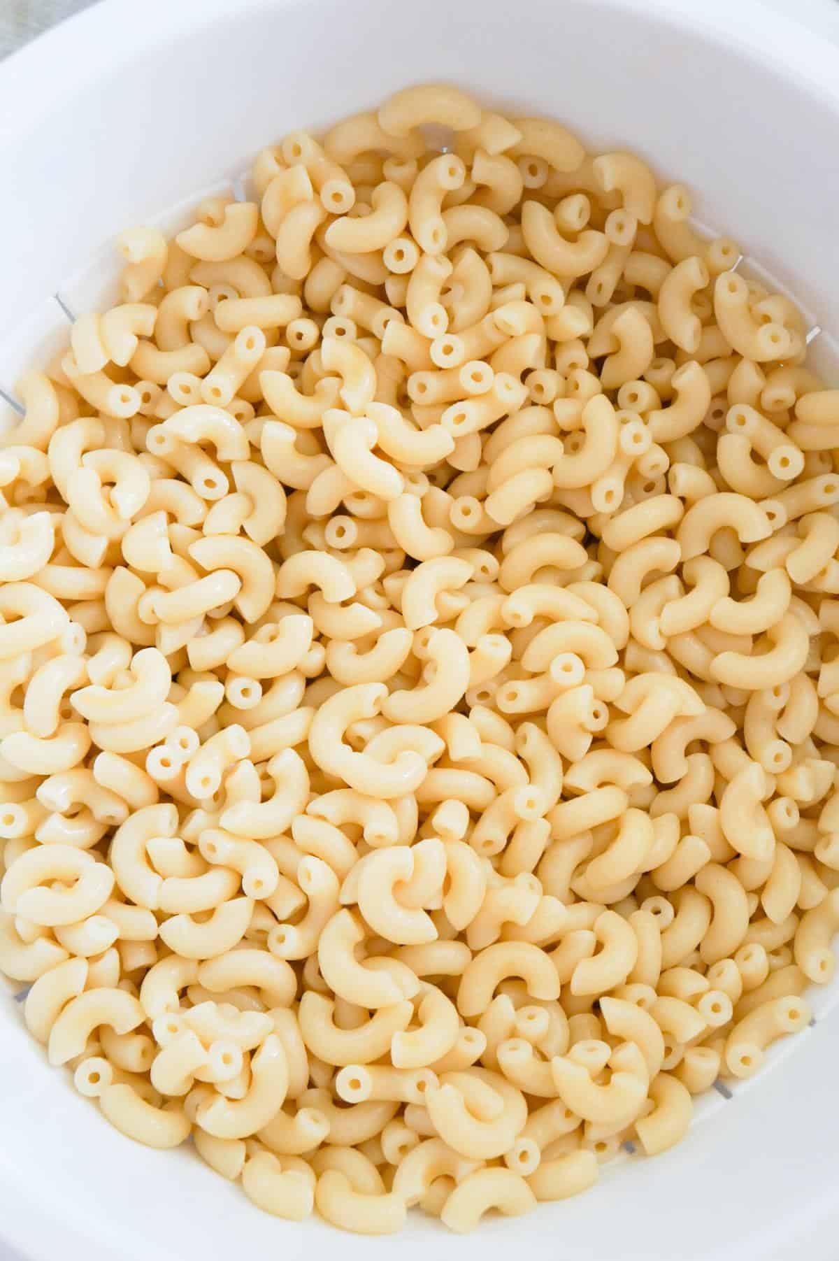 cooked macaroni noodles in a strainer