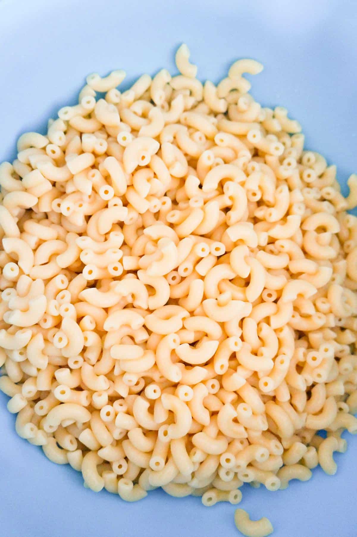 cooked macaroni noodles in a mixing bowl