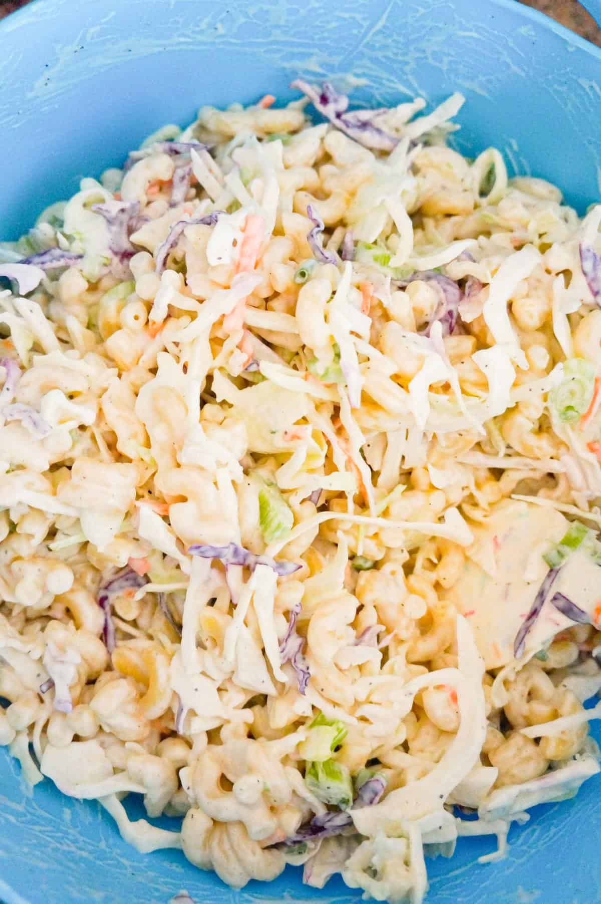 coleslaw macaroni salad mixture in a bowl