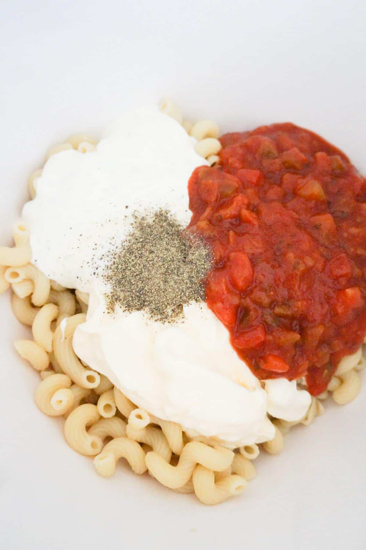 salt, pepper, mayo, ranch dressing and salsa on top of cavatappi noodles