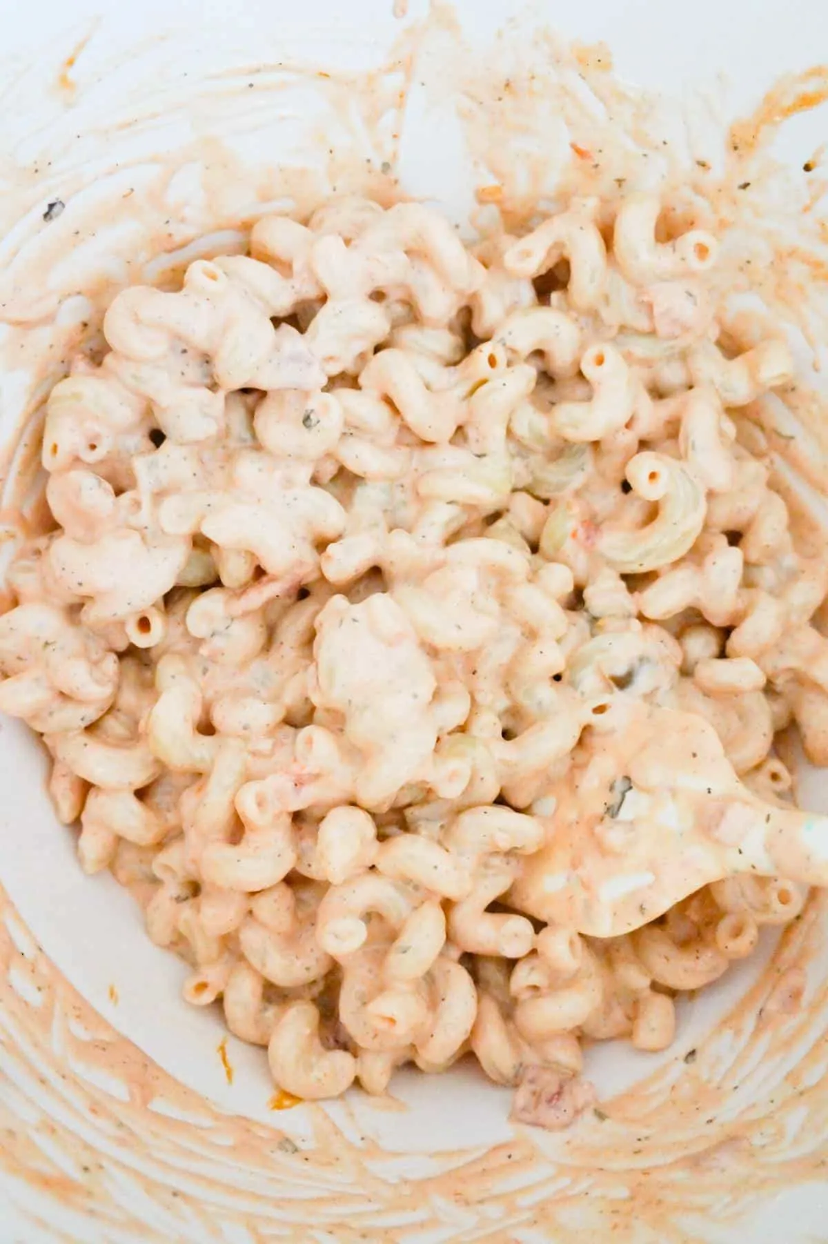 cavatappi noodles tossed in mayo, ranch dressing and salsa