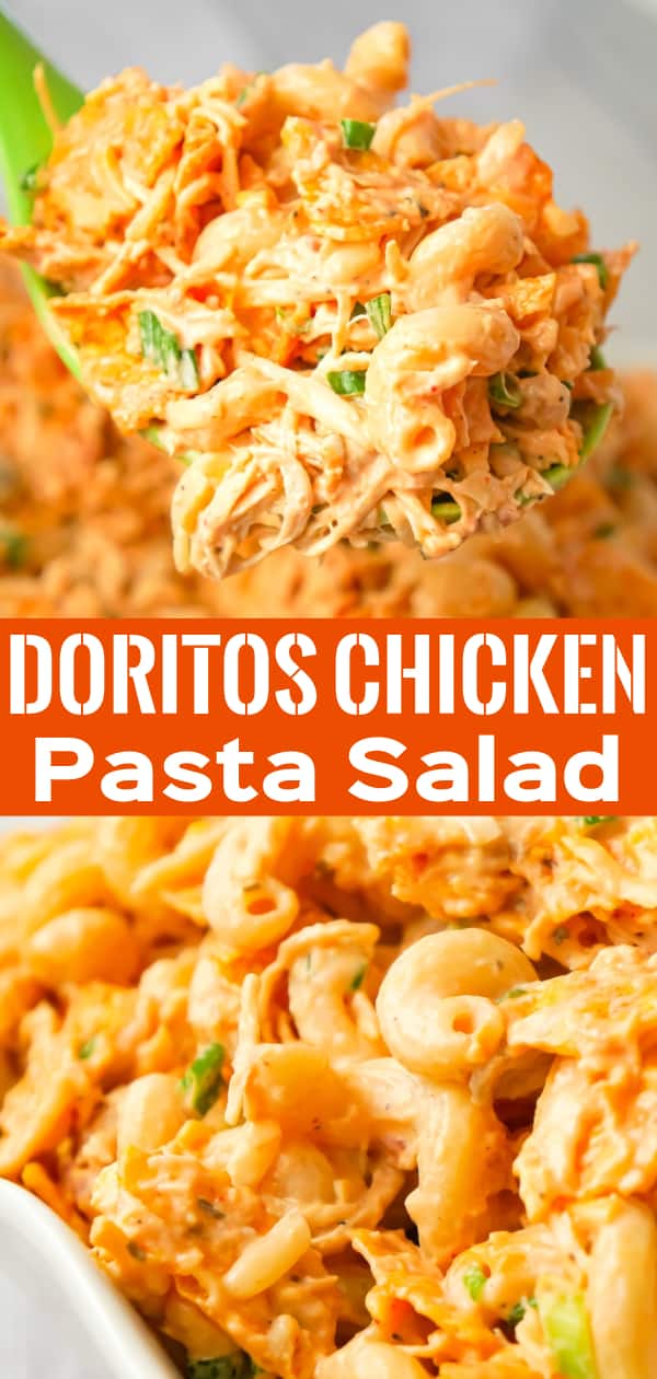 Doritos Chicken Pasta Salad is a tasty cold side dish recipe loaded with shredded chicken, chopped green onions, ranch dressing, salsa, shredded cheese and crumbled Doritos.
