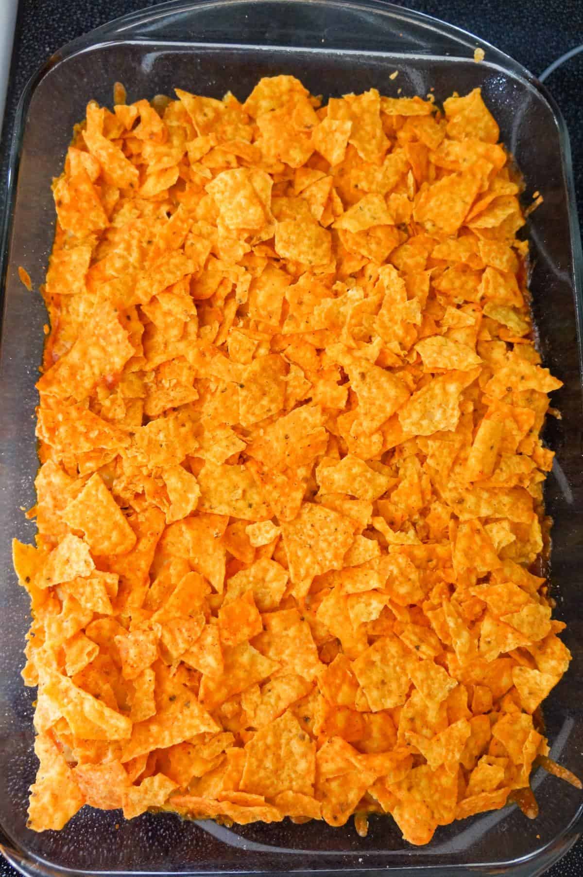 crumbled Doritos on top of chili pie