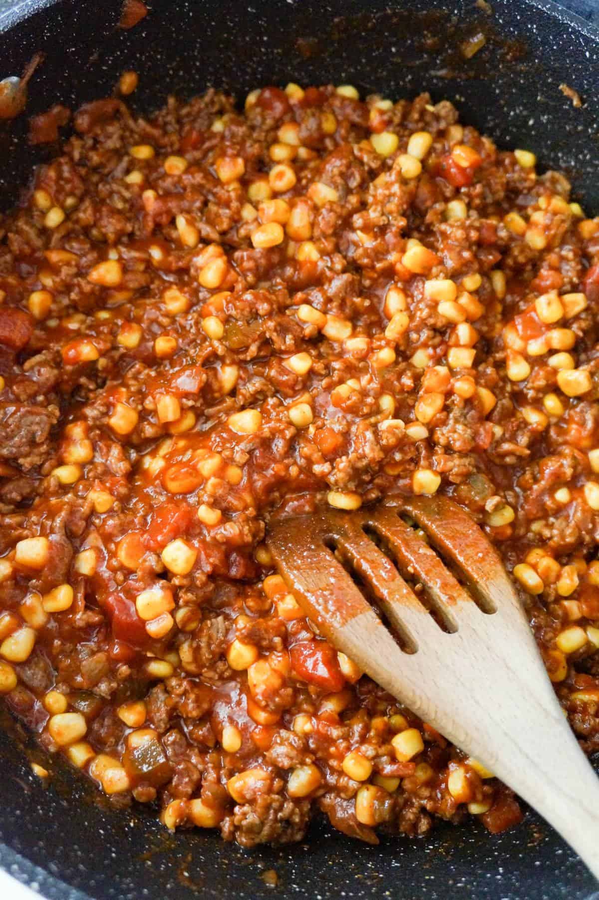 ground beef chili mixture in a saute pan