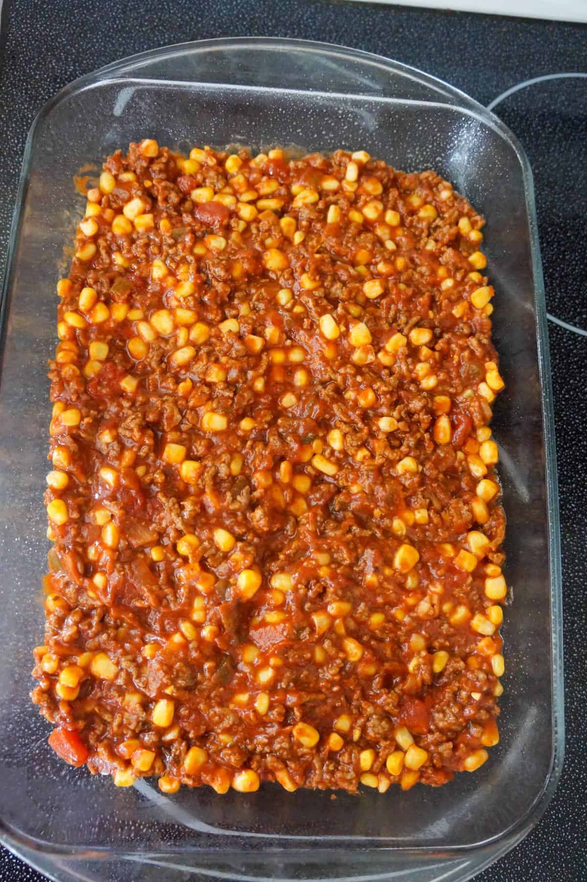 ground beef chili mixture in a baking dish