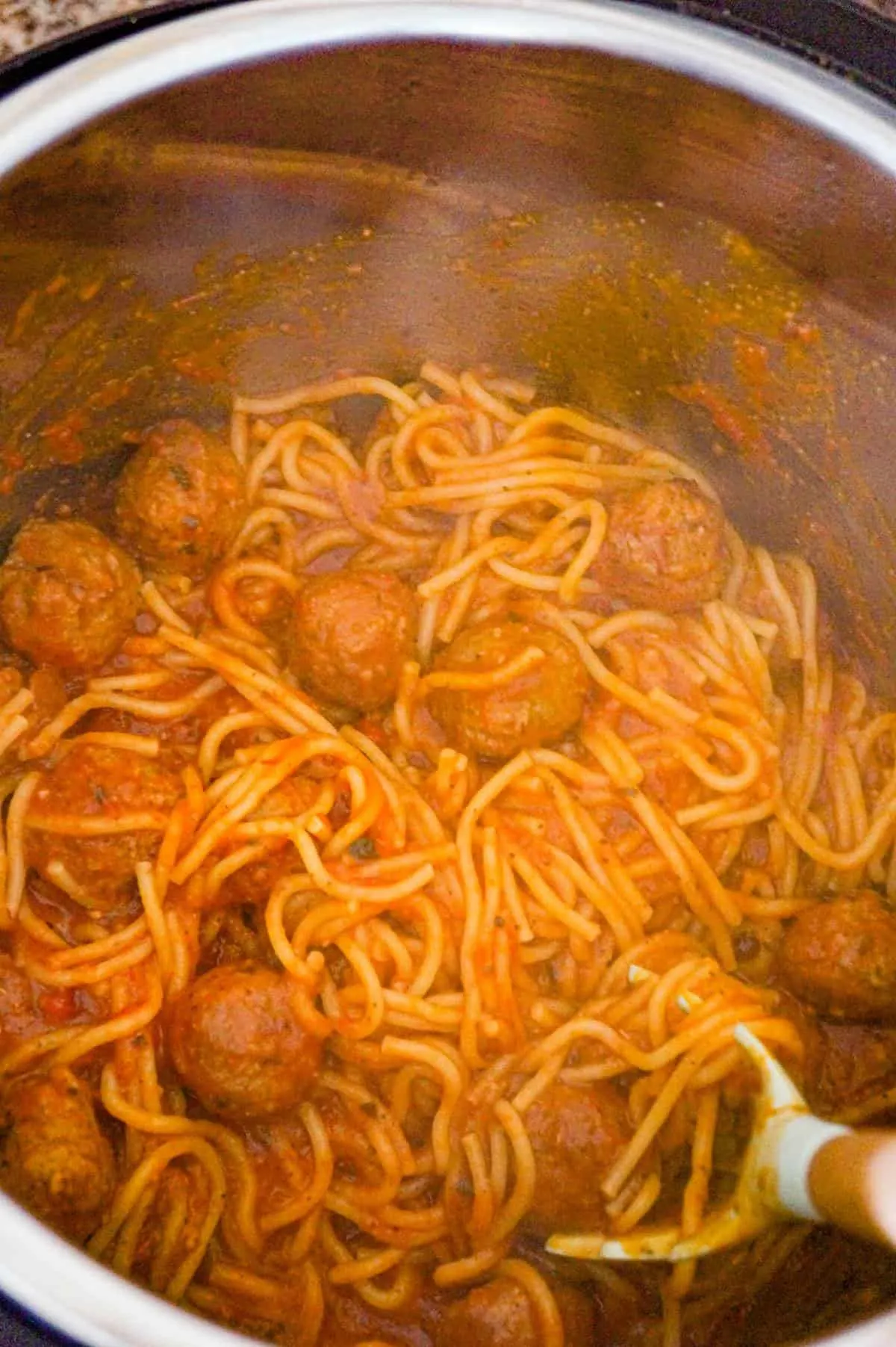 cooked spaghetti and meatballs in an Instant Pot