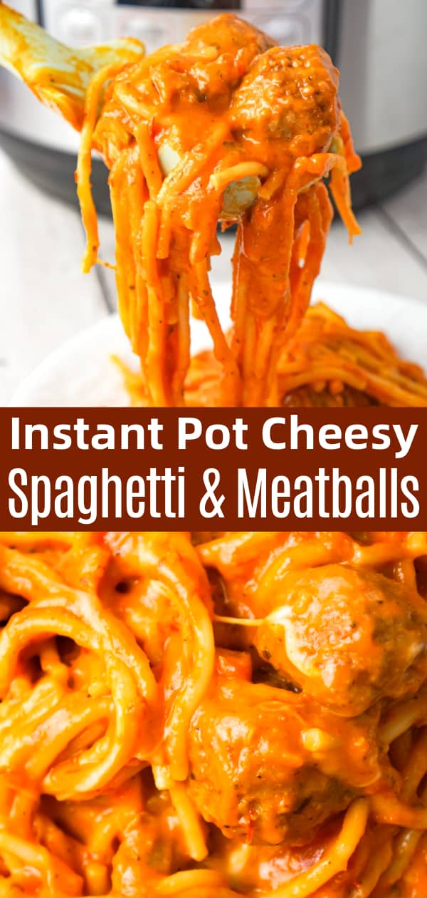 Instant Pot Cheesy Spaghetti and Meatballs is an easy and delicious pressure cooker pasta recipe loaded with Italian meatballs, shredded mozzarella and cheddar cheese and marinara sauce.