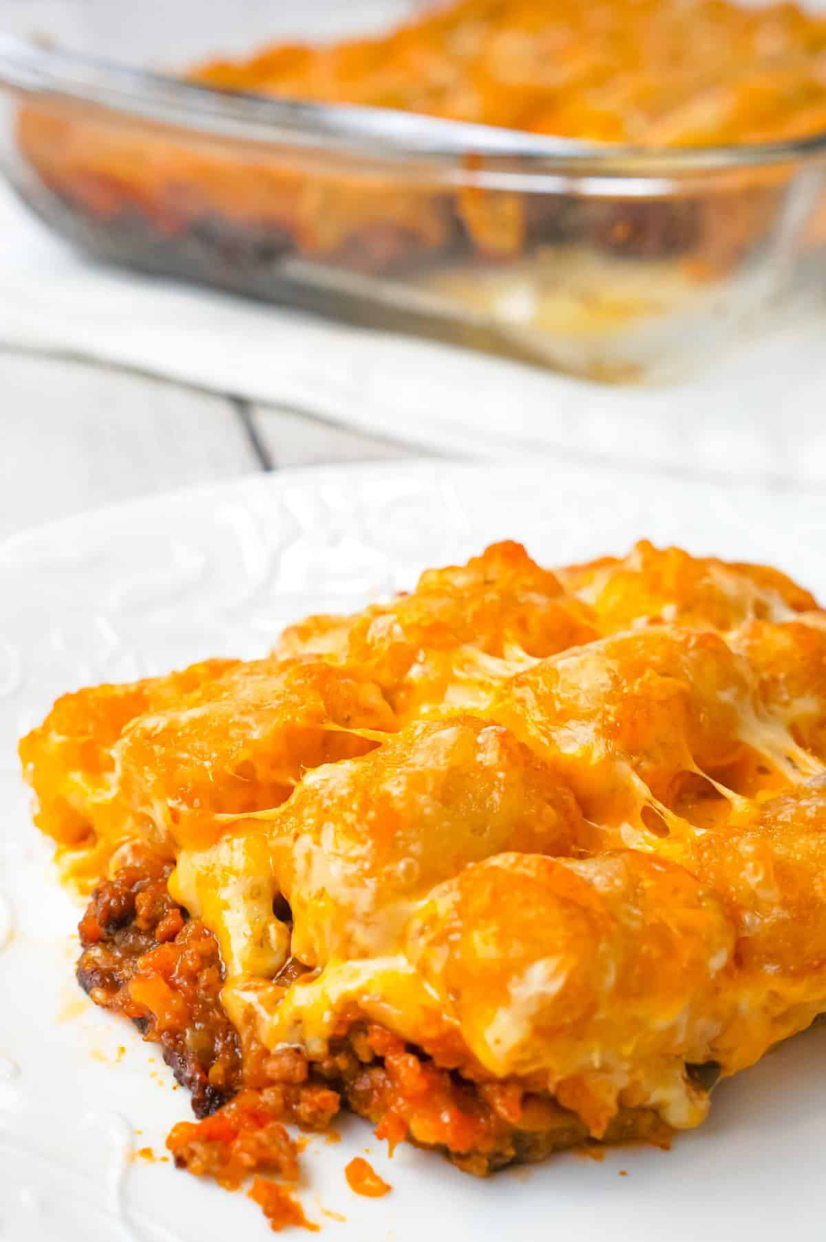 Sloppy Joe Tater Tot Casserole is an easy dinner recipe with a ground beef sloppy joe base, topped with cheese and tater tots.