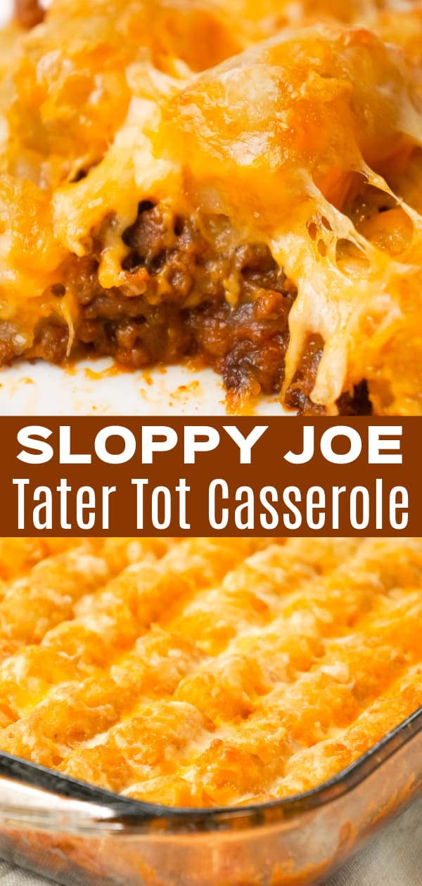 Sloppy Joe Tater Tot Casserole is an easy dinner recipe with a ground beef sloppy joe base, topped with cheese and tater tots.