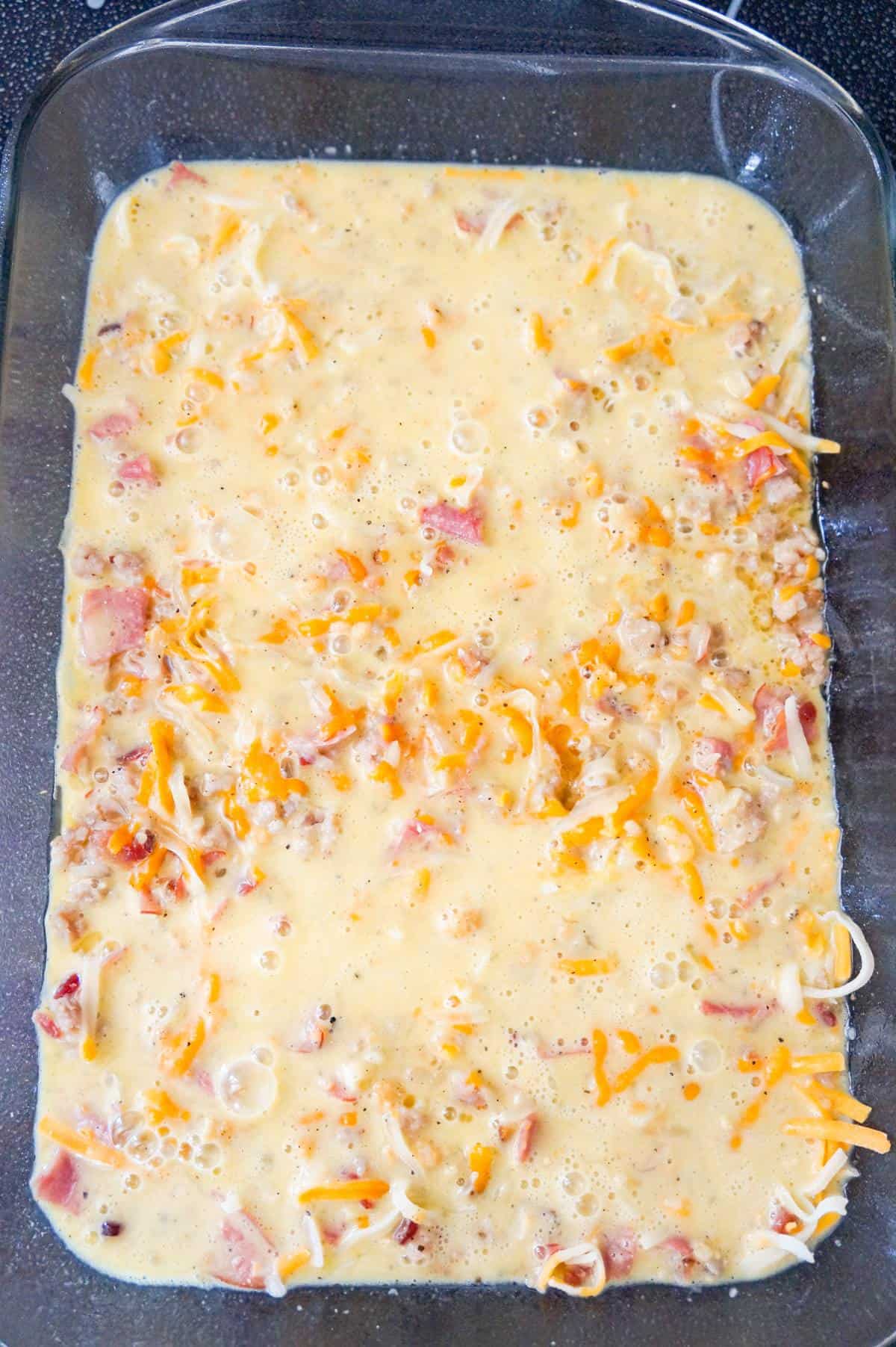 egg and meat mixture in a baking dish
