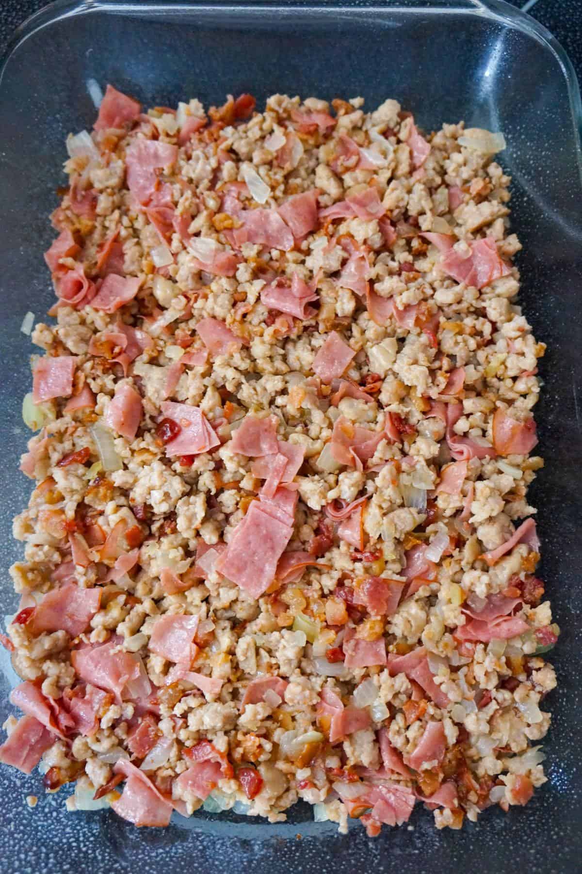 meat mixture in a baking dish