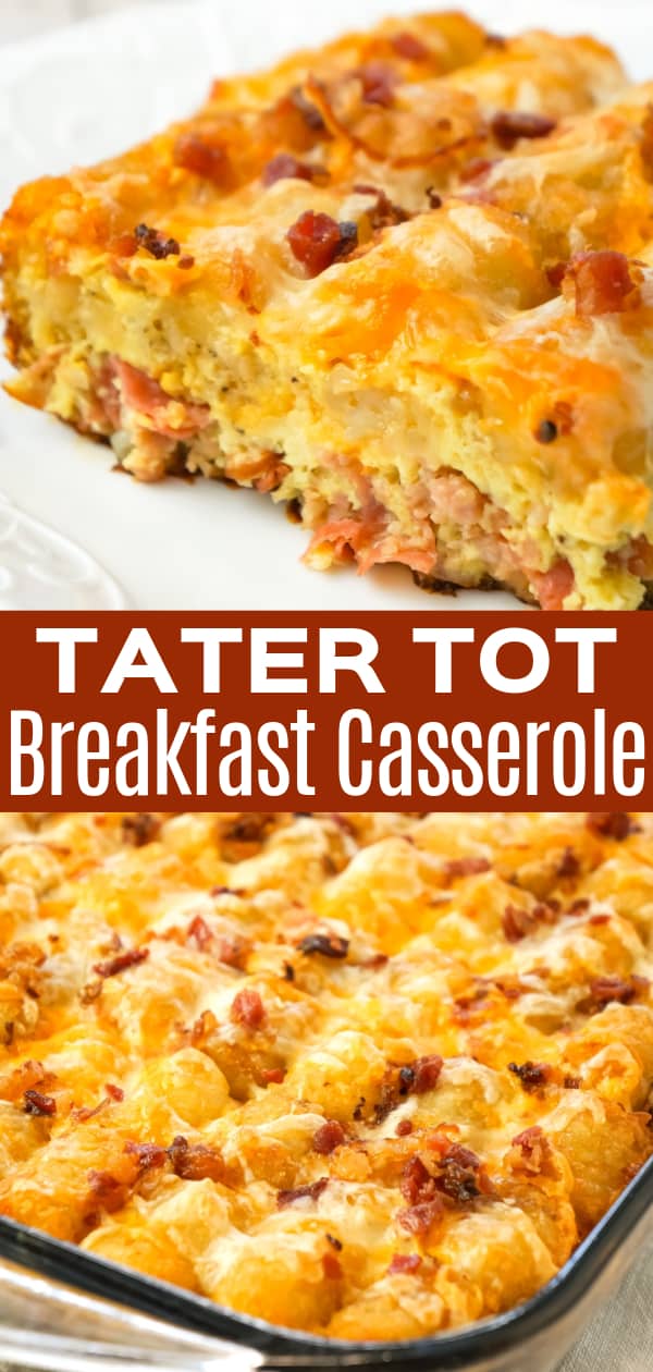 Tater Tot Breakfast Casserole is a hearty casserole recipe loaded with pork sausage meat, diced onion, chopped ham, crumbled bacon, eggs, shredded cheese and topped with tater tots.