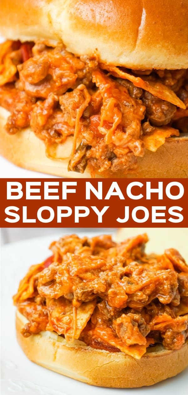 Beef Nacho Sloppy Joes is an easy ground beef dinner recipe loaded with taco seasoning, salsa, chili sauce, crumbled nacho chips and shredded cheese.