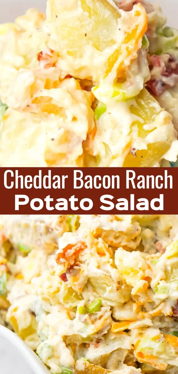 Cheddar Bacon Ranch Potato Salad is a creamy cold side dish recipe made with Yukon gold potatoes and loaded with crumbled bacon, cheddar cheese, chopped green onions, mayo and ranch dressing.