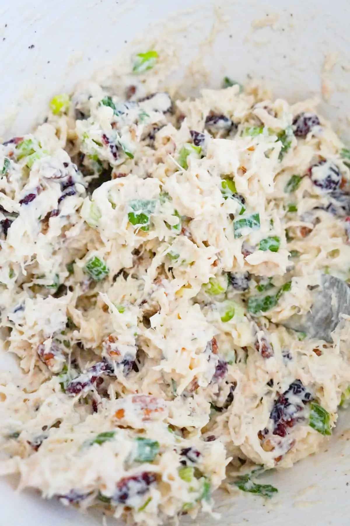 cranberry chicken salad mixture in a mixing bowl