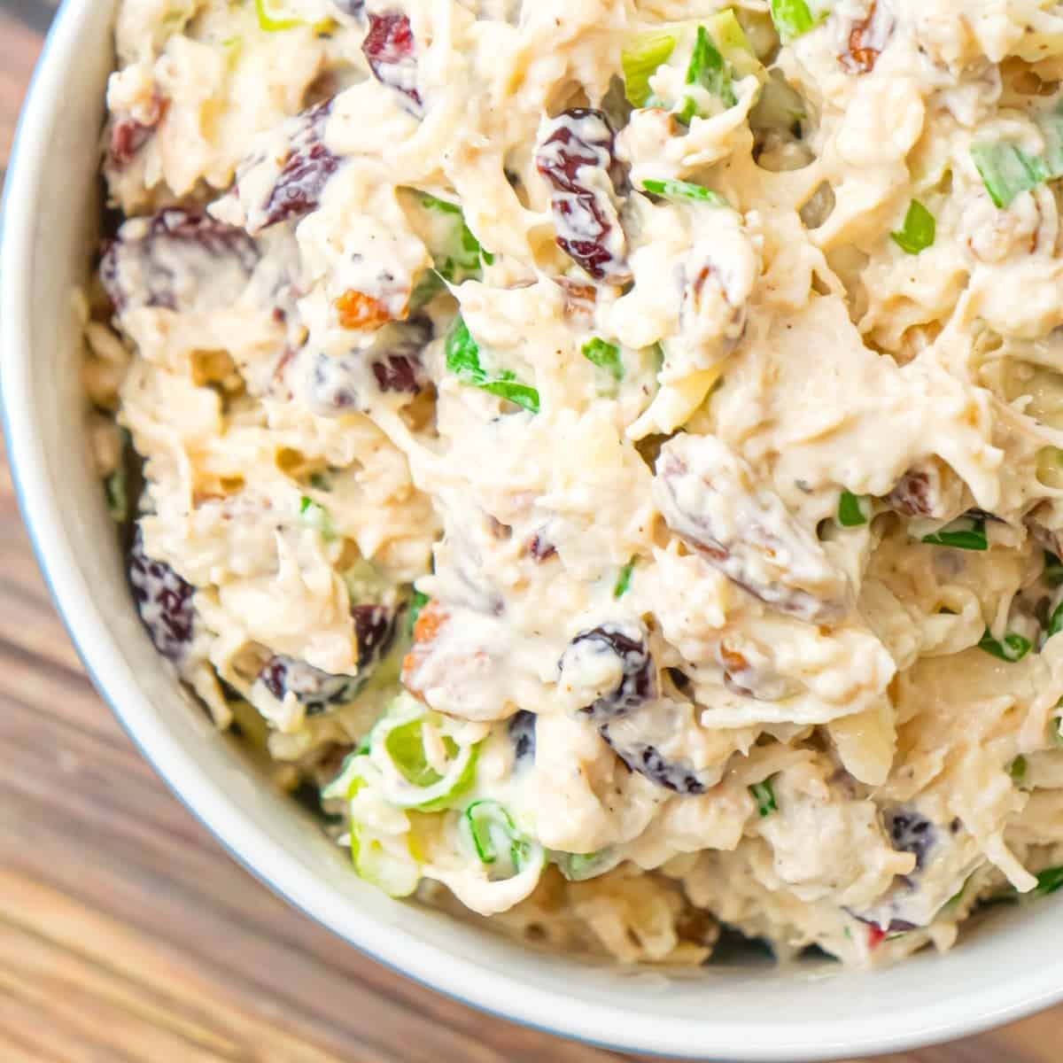 Chicken Salad with Cranberries is an easy cold lunch or dinner recipe using canned chicken and loaded with dried cranberries, chopped green onions, pecan pieces and shredded mozzarella cheese.