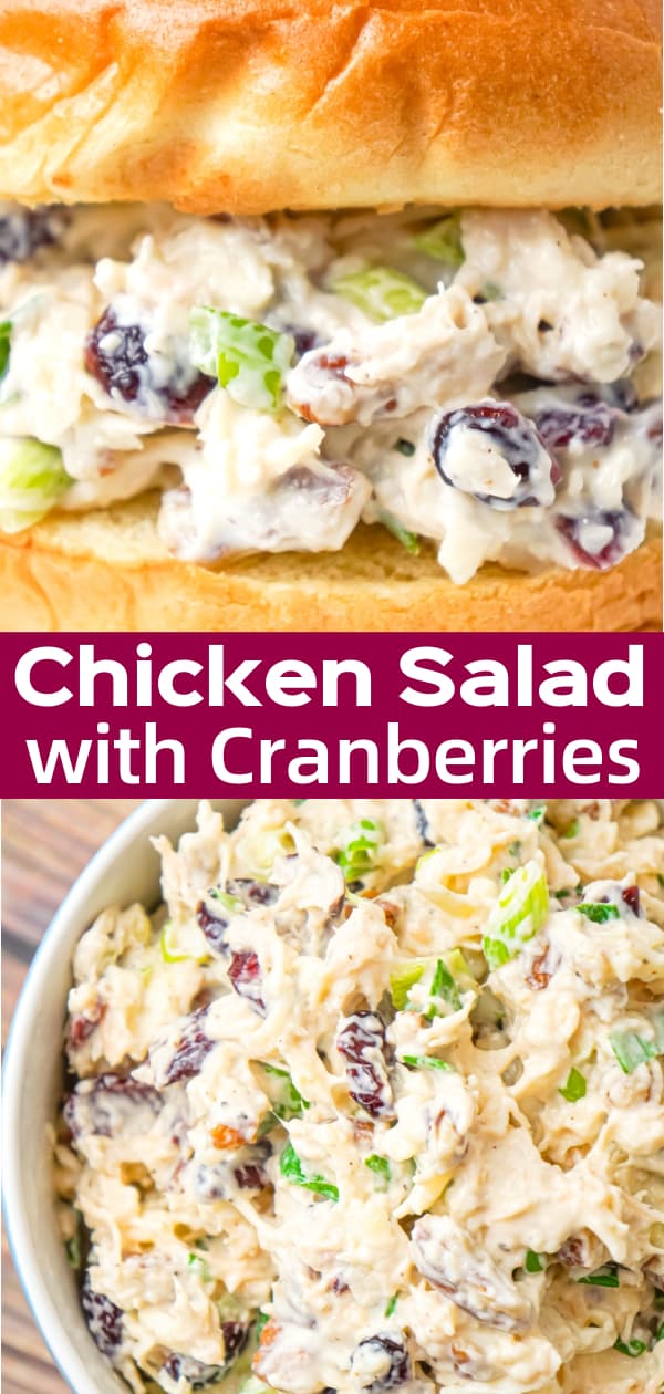 Chicken Salad with Cranberries is an easy cold lunch or dinner recipe using canned chicken and loaded with dried cranberries, chopped green onions, pecan pieces and shredded mozzarella cheese.