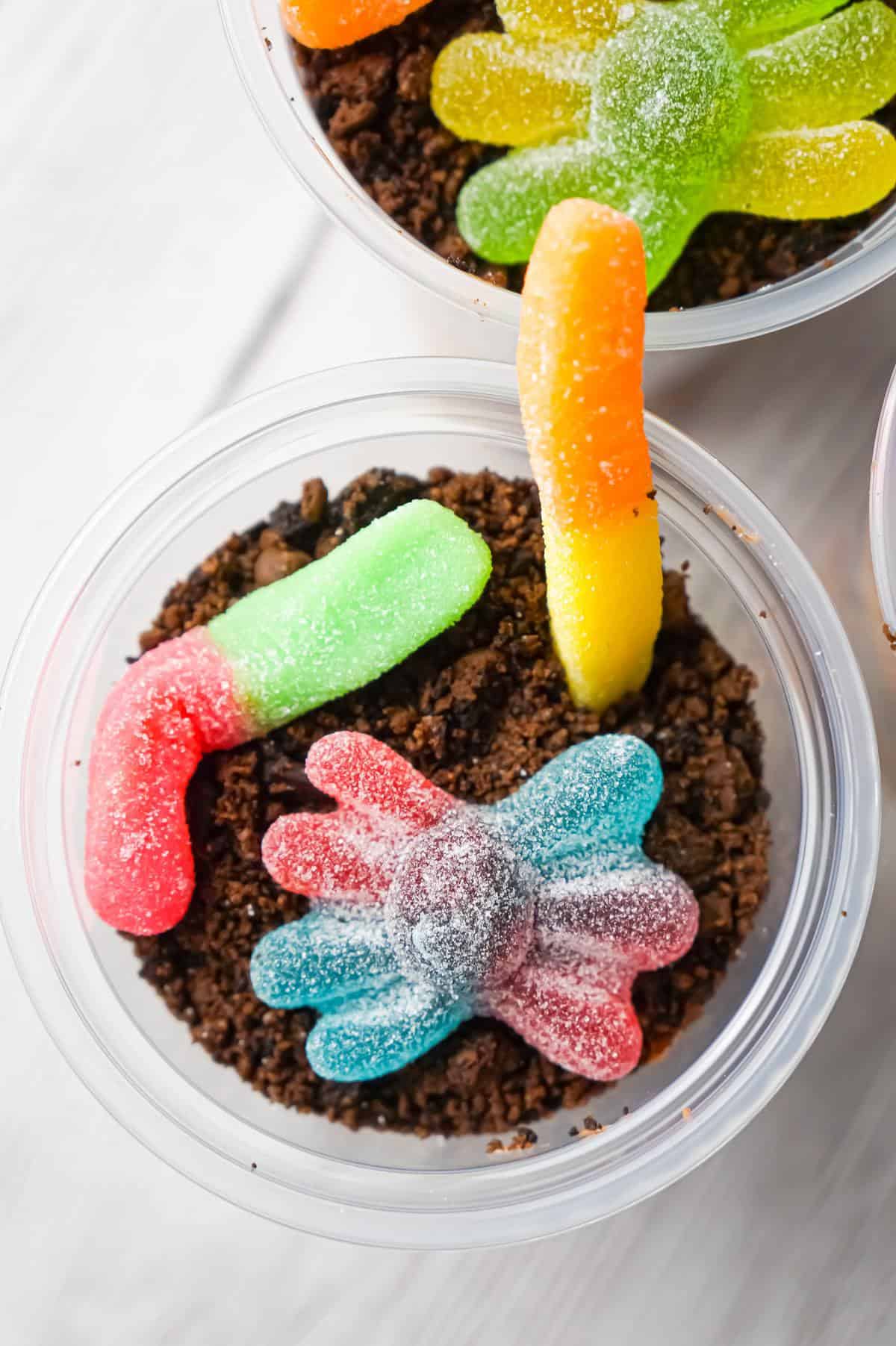 Dirt Pudding is an easy no bake dessert recipe with layers of chocolate pudding, cool whip and chocolate cookie crumble and topped with gummy worms and spiders.