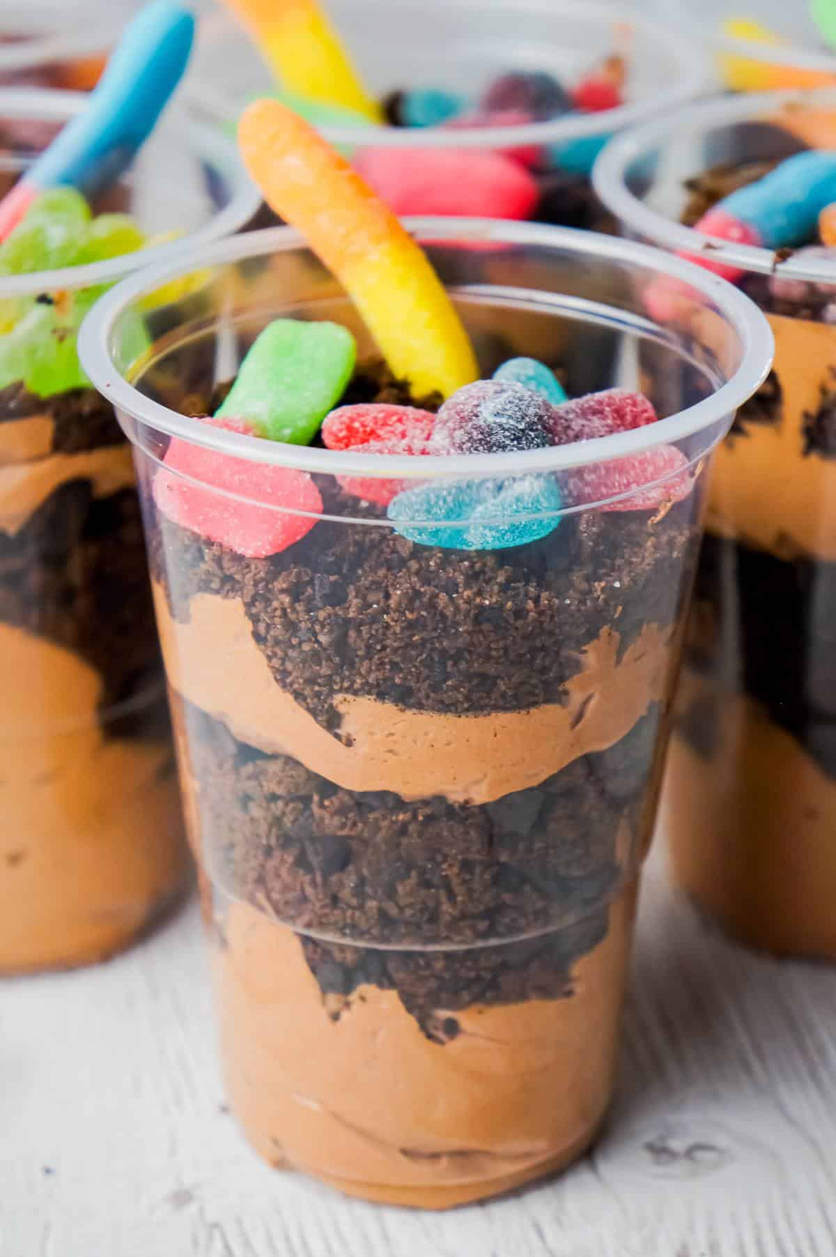Dirt Pudding is an easy no bake dessert recipe with layers of chocolate pudding, cool whip and chocolate cookie crumble and topped with gummy worms and spiders.