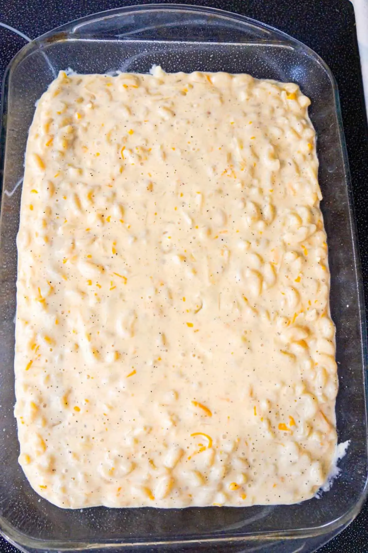creamy mac and cheese in a baking dish