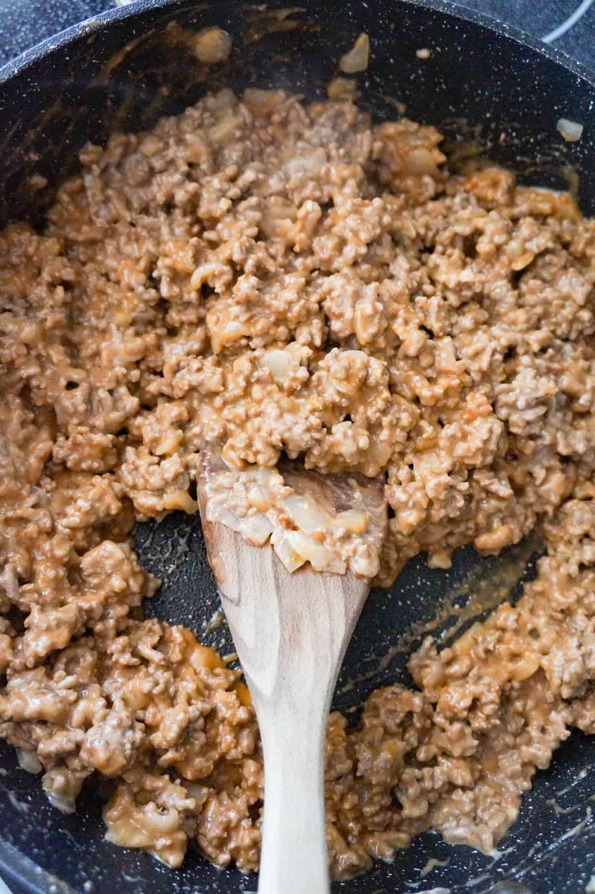 ground beef, cream of bacon soup and ketchup mixture in a large saute pan