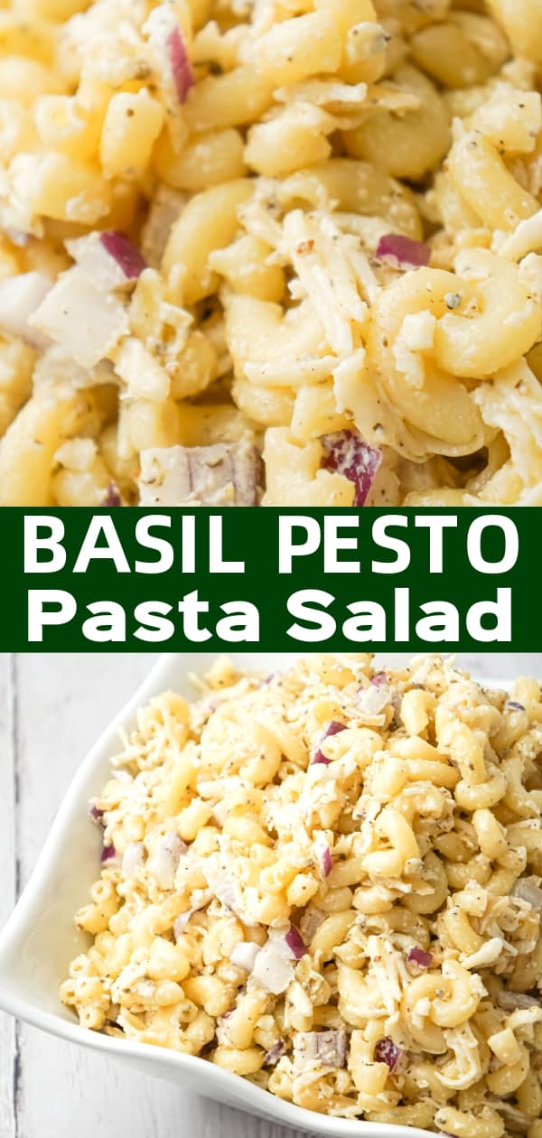 Basil Pesto Pasta Salad is an easy cold side dish recipe loaded with diced red onions, slivered almonds, mozzarella cheese and Parmesan cheese all tossed in mayo and basil pesto.