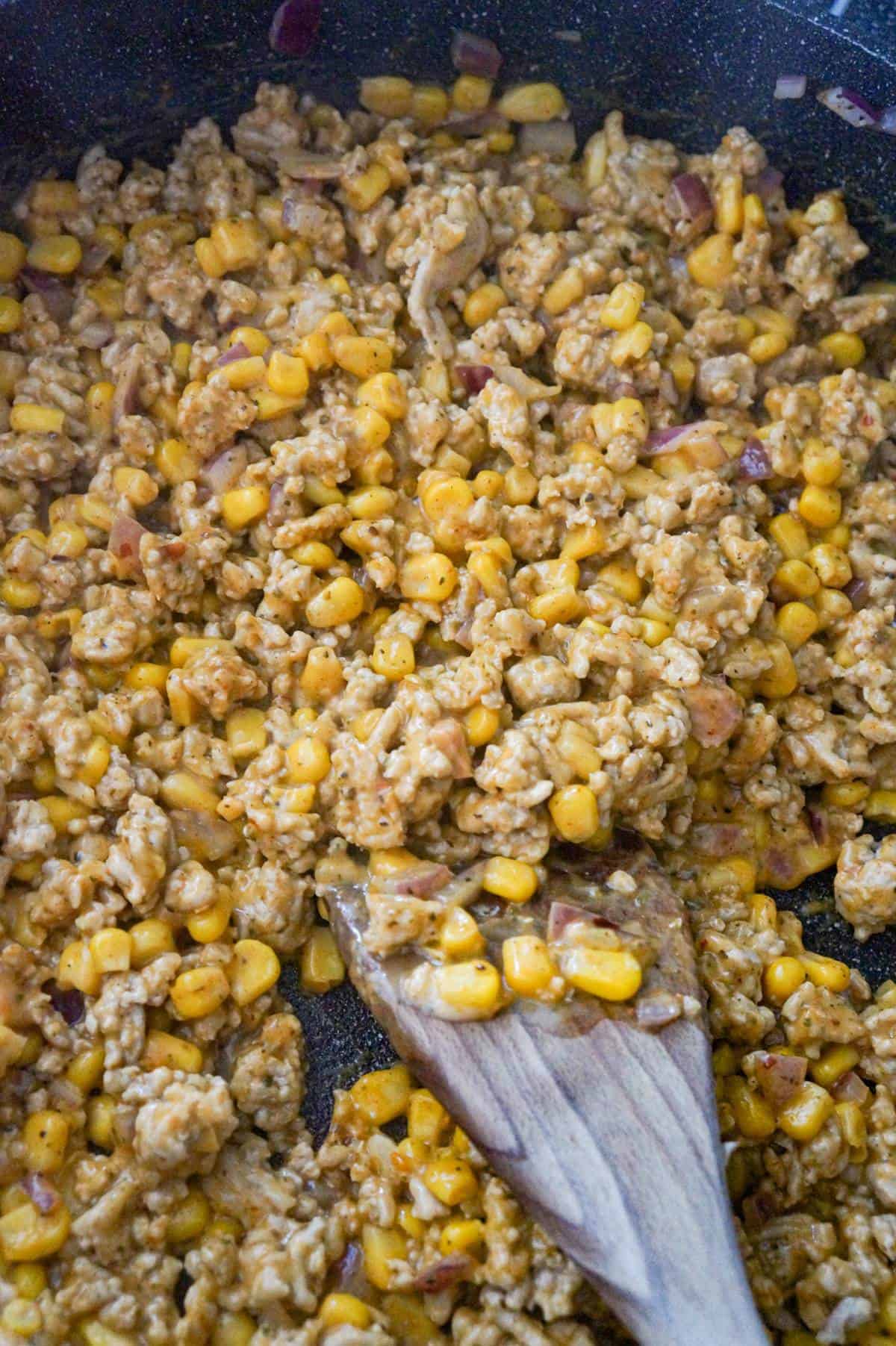 ground chicken, corn and cream of chicken soup mixture in a saute pan