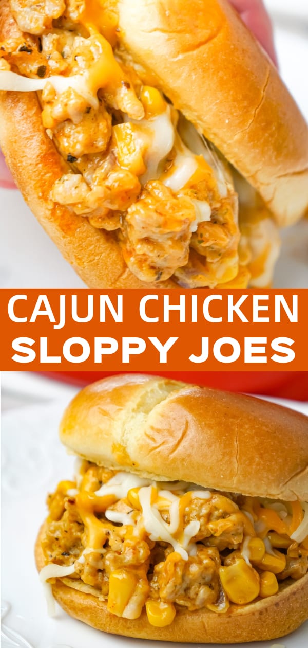 Cajun Chicken Sloppy Joes are an easy dinner recipe using ground chicken and loaded with corn, red onions, cream of chicken soup, Cajun seasoning and shredded cheese.