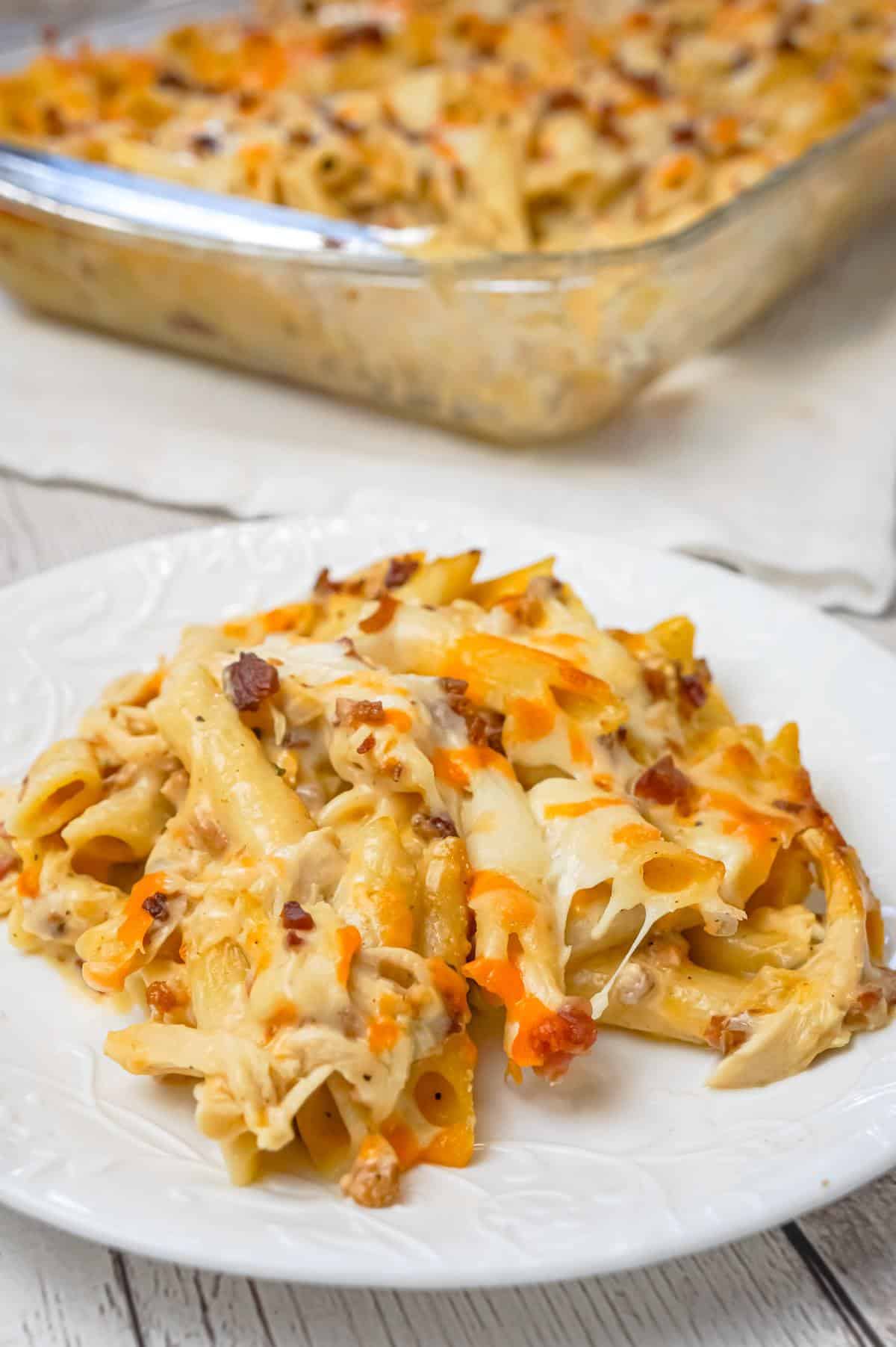 Cheddar Bacon Ranch Chicken Pasta is a delicious baked pasta recipe loaded with crumbled bacon, shredded chicken and cheddar cheese all in a creamy sauce made with cheddar cheese soup, cream of bacon soup and ranch dip mix.