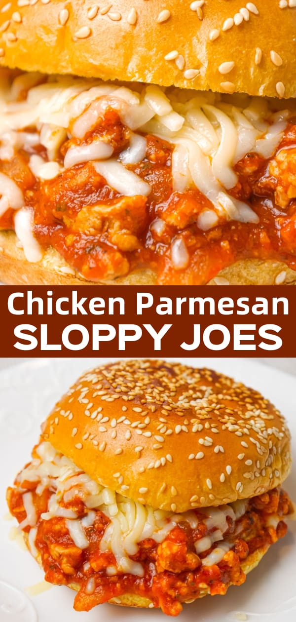 Chicken Parmesan Sloppy Joes are an easy weeknight dinner recipe made with ground chicken tossed in marinara, basil pesto and Parmesan cheese topped with shredded mozzarella and served on a toasted garlic butter brioche bun.