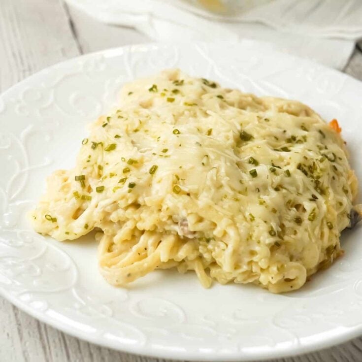 Chicken Tetrazzini is a creamy baked pasta dish loaded with shredded chicken, Parmesan and Mozzarella cheese.