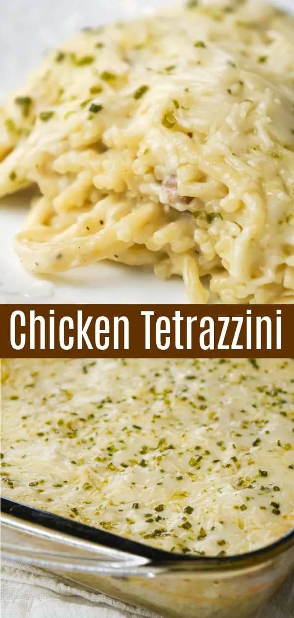 Chicken Tetrazzini is a creamy baked pasta dish loaded with shredded chicken, Parmesan and Mozzarella cheese.