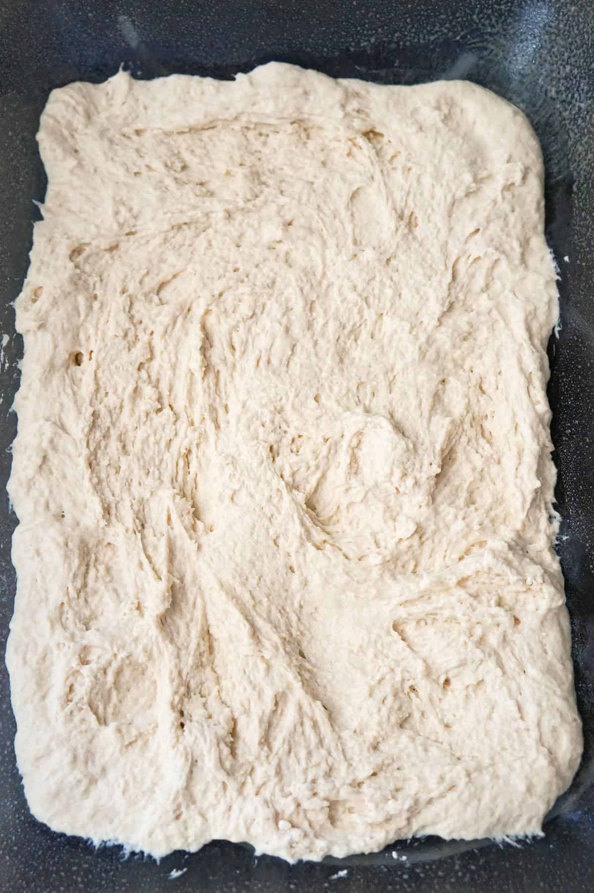 Bisquick dough in the bottom of a 9 x 13 inch baking dish