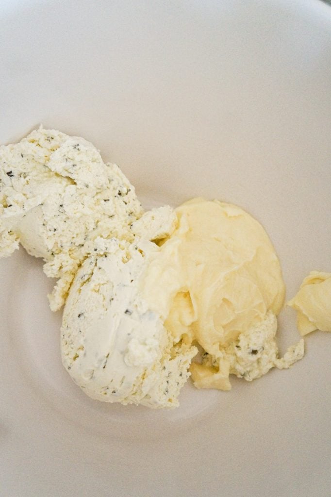 mayo and cream cheese in a mixing bowl