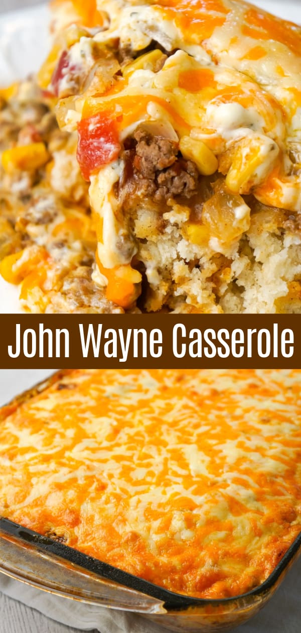 John Wayne Casserole is an easy ground beef casserole recipe with a biscuit base and loaded with diced tomatoes, corn, taco seasoning, cream cheese, mozzarella and cheddar.