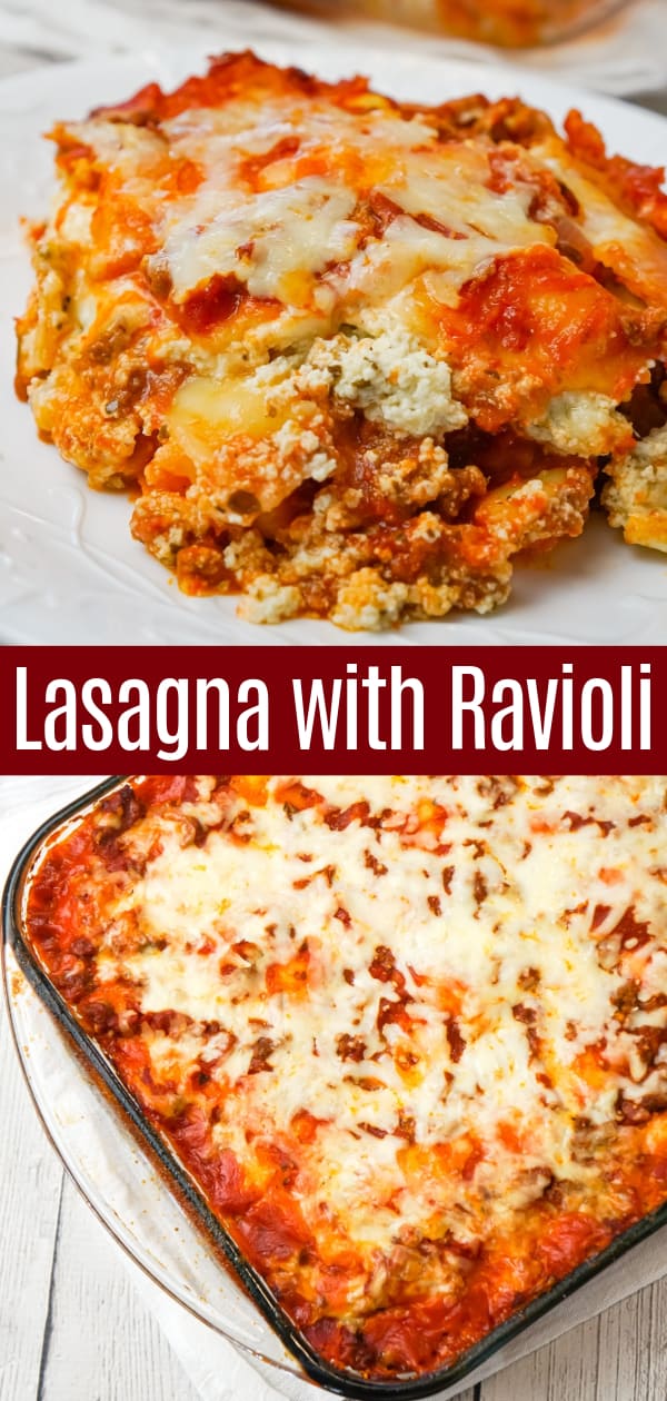 Lasagna with Ravioli is a simple and delicious twist on traditional lasagna made with frozen cheese ravioli, ground beef, marinara, ricotta and mozzarella cheese.