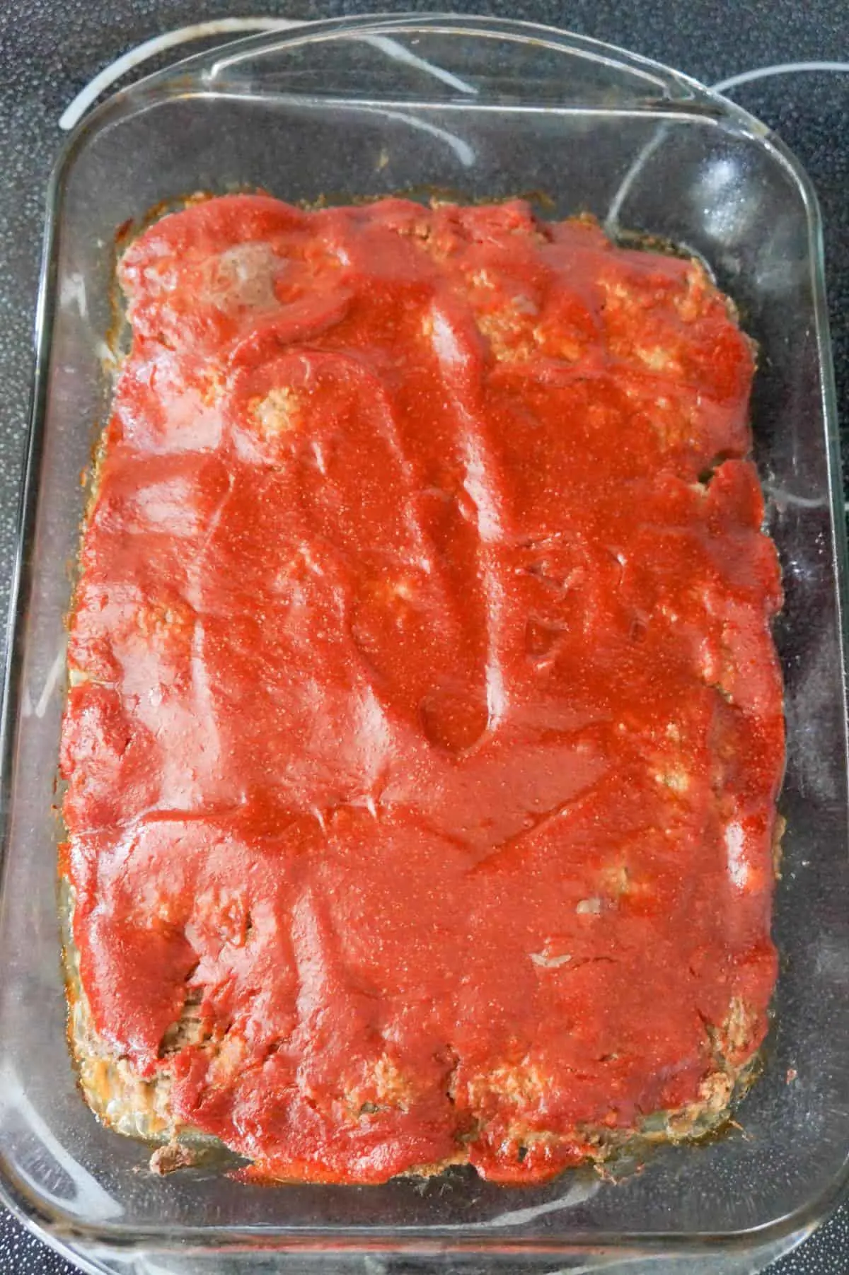 meatloaf casserole with ketchup glaze after baking
