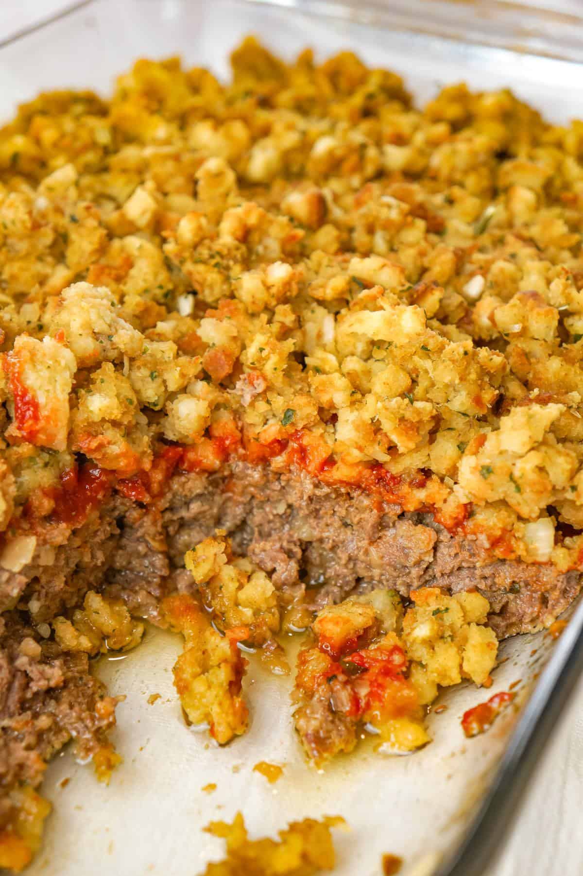 Meatloaf and Stuffing Casserole is an easy ground beef dinner recipe with a meatloaf base topped with stove top stuffing.