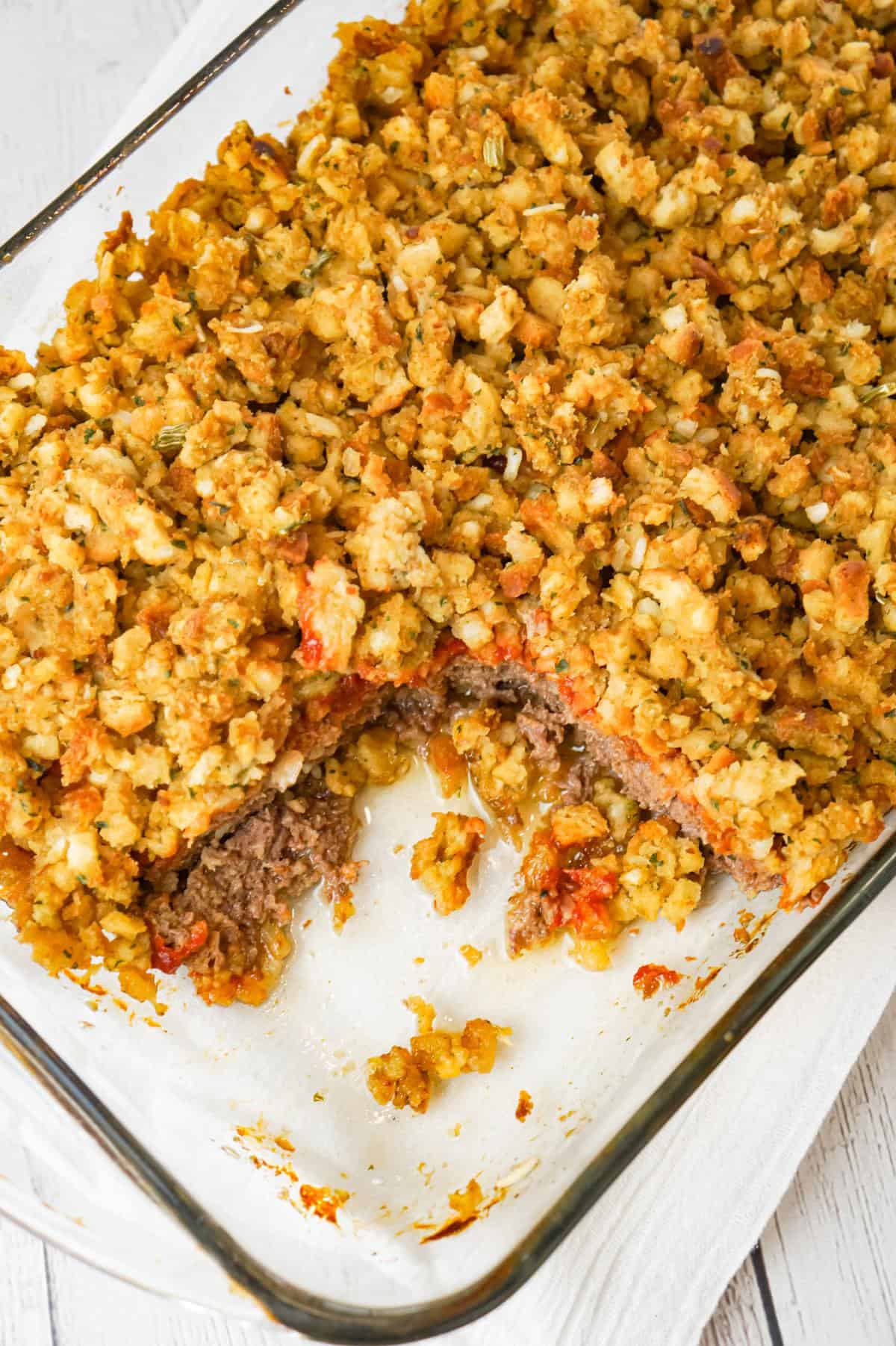 Meatloaf and Stuffing Casserole is an easy ground beef dinner recipe with a meatloaf base topped with stove top stuffing.