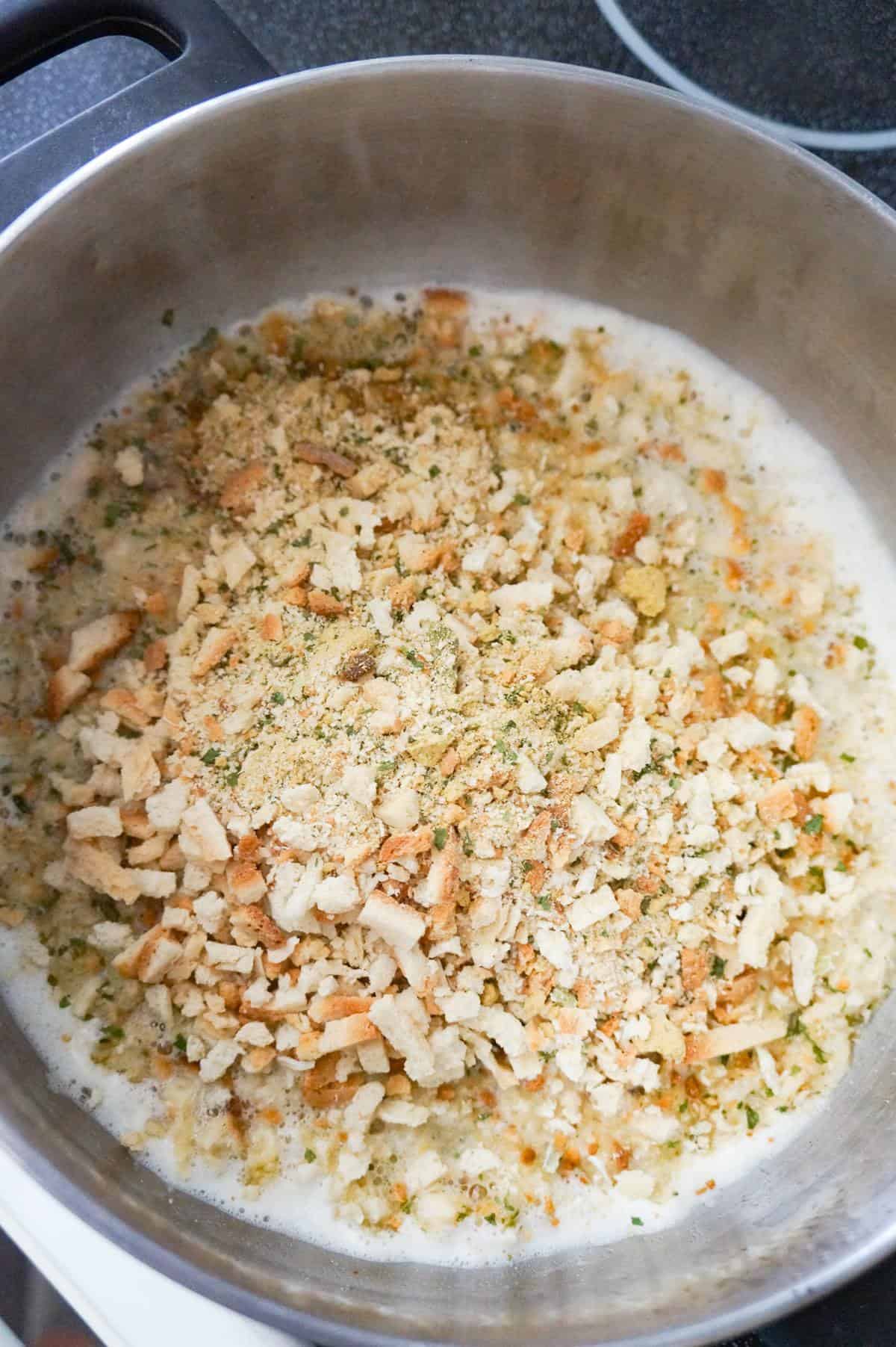 stove top stuffing mix added to boiling water in a large pot