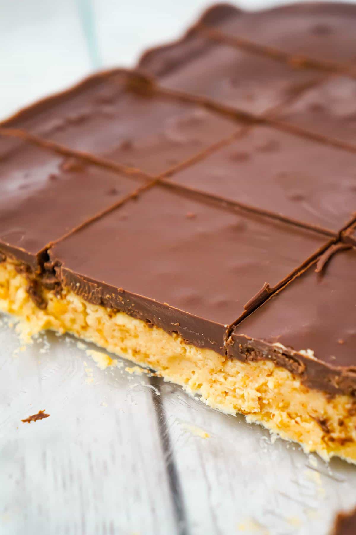 No Bake Peanut Butter Bars are tasty treats with a peanut butter and Ritz cracker crumb base and topped with chocolate.