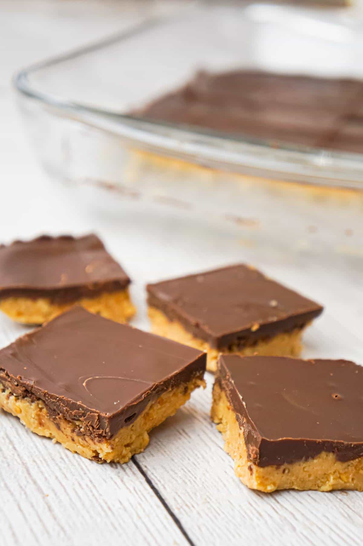 No Bake Peanut Butter Bars are tasty treats with a peanut butter and Ritz cracker crumb base and topped with chocolate.