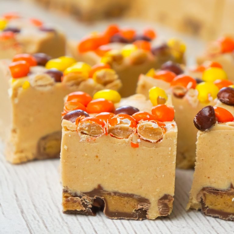 Peanut Butter Cup Fudge is an easy microwave fudge recipe made with vanilla frosting, peanut butter baking chips, smooth peanut butter and loaded with mini Reese's peanut butter cups and mini Reese's pieces.