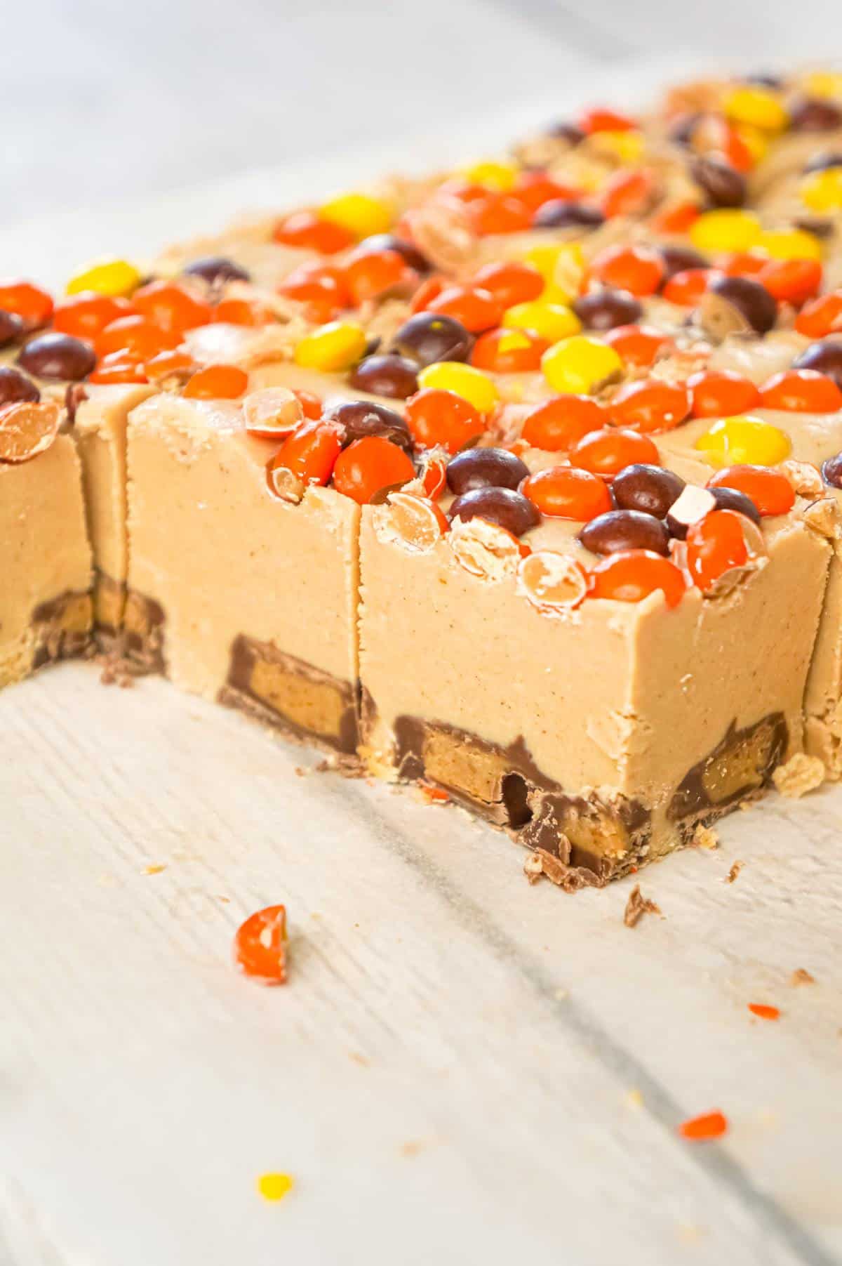 Peanut Butter Cup Fudge is an easy microwave fudge recipe made with vanilla frosting, peanut butter baking chips, smooth peanut butter and loaded with mini Reese's peanut butter cups and mini Reese's pieces.