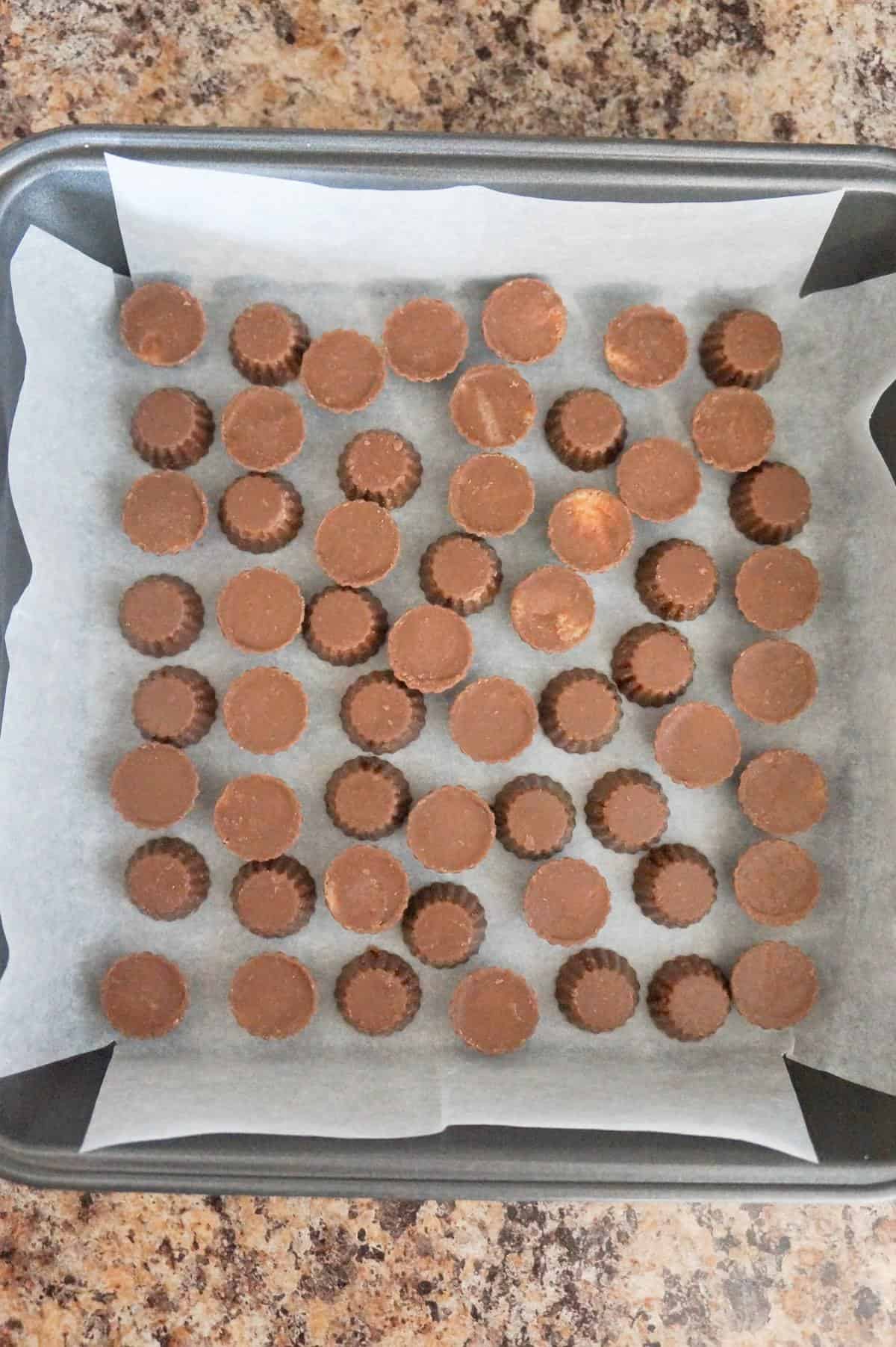 Reese's minis peanut butter cups in a single layer in a parchment paper lined baking pan