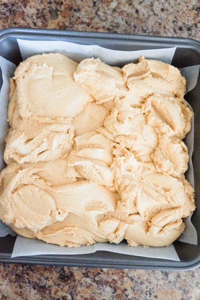 peanut butter fudge mixture in a pan