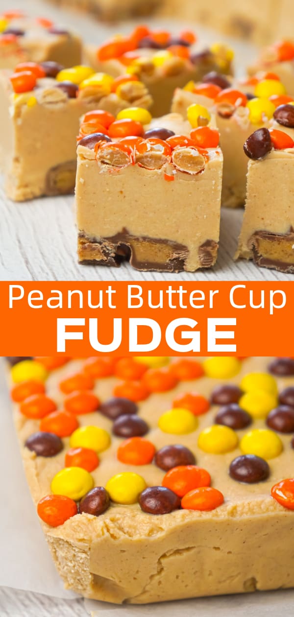 Peanut Butter Cup Fudge is an easy microwave fudge recipe made with vanilla frosting, peanut butter baking chips, smooth peanut butter and loaded with mini Reese's peanut butter cups and mini Reese's pieces.