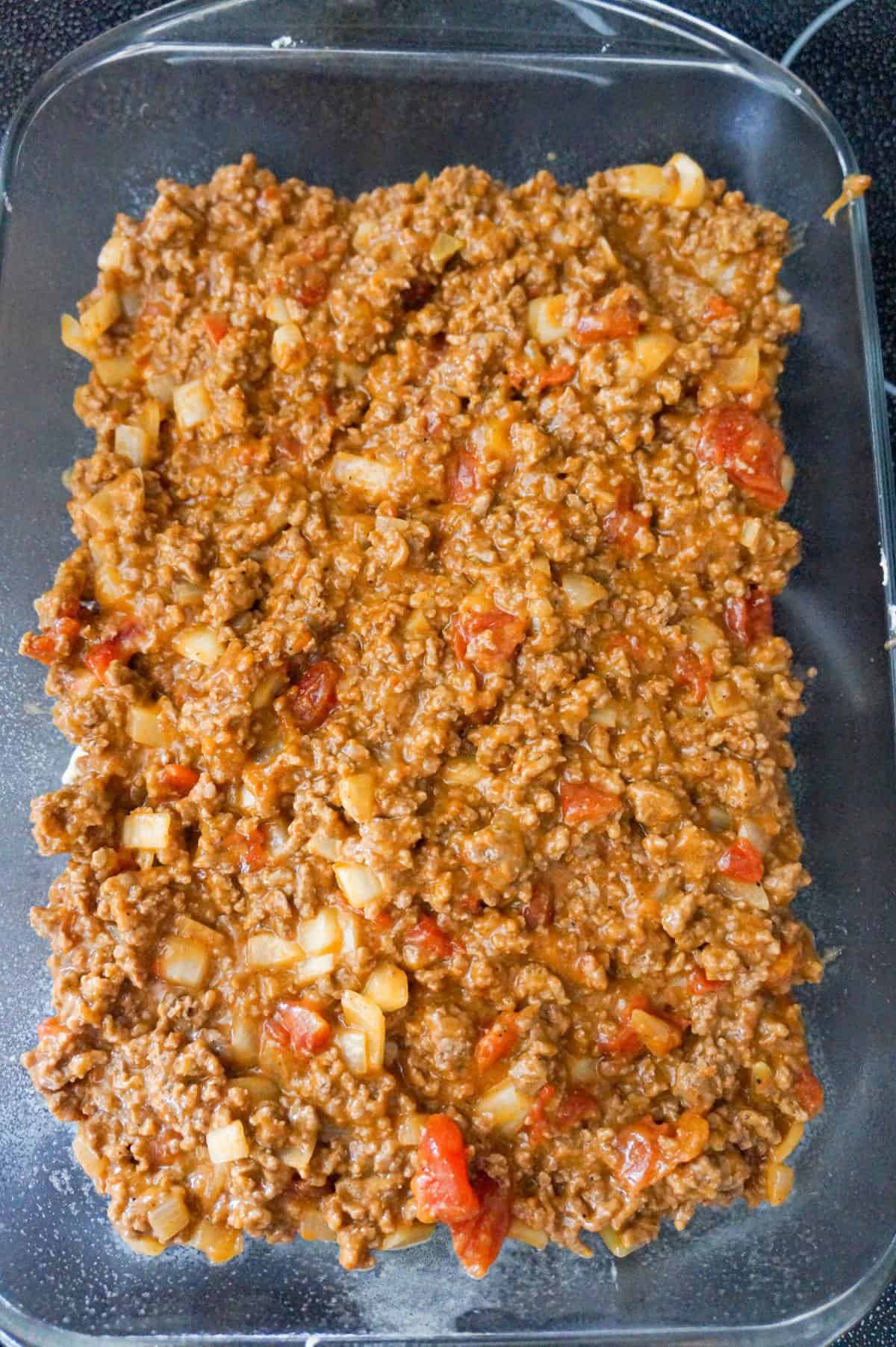 ground beef mixture in a baking dish